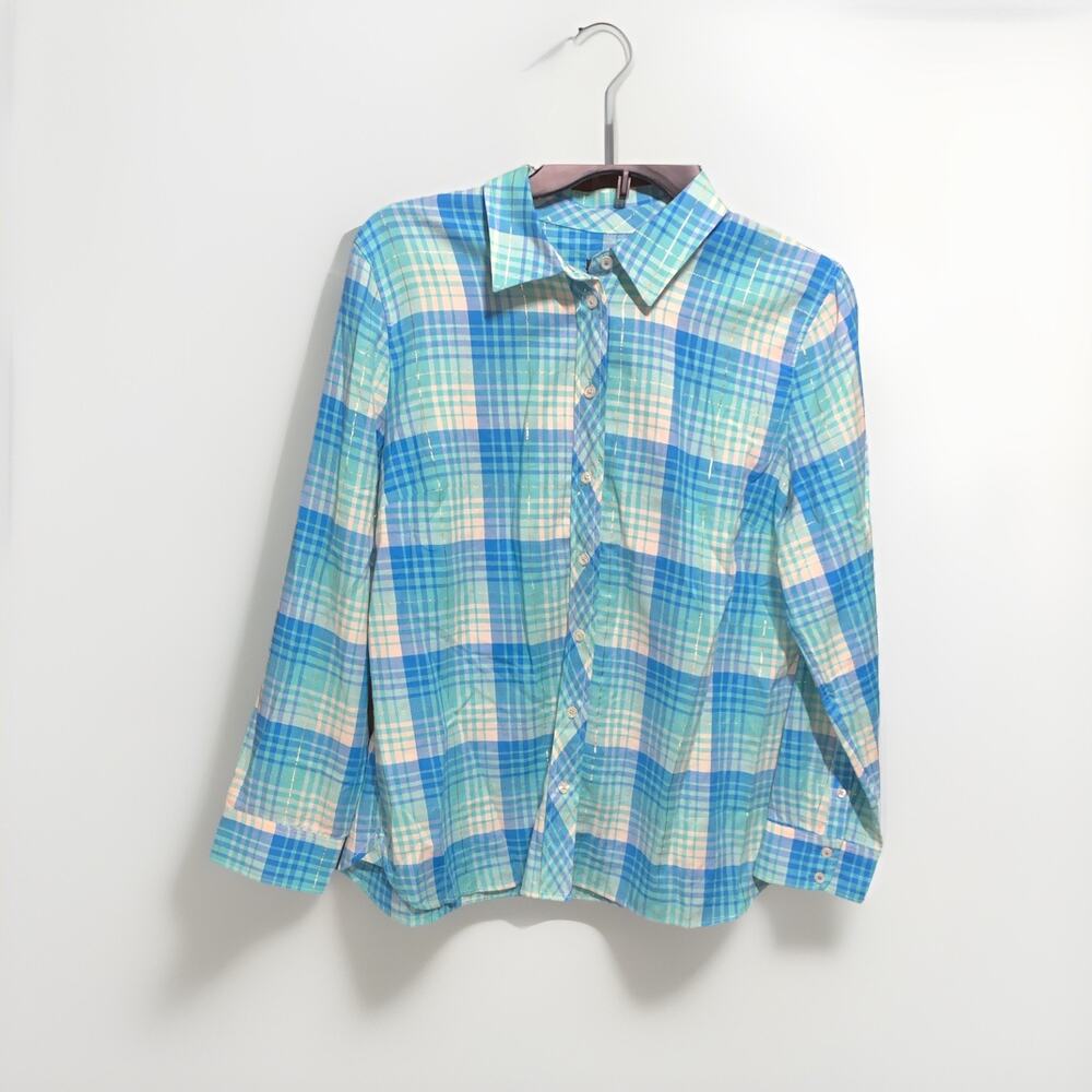 Talbots Button Down Shirt Blue Plaid Size Large Petite Cotton Long Sleeve Basic